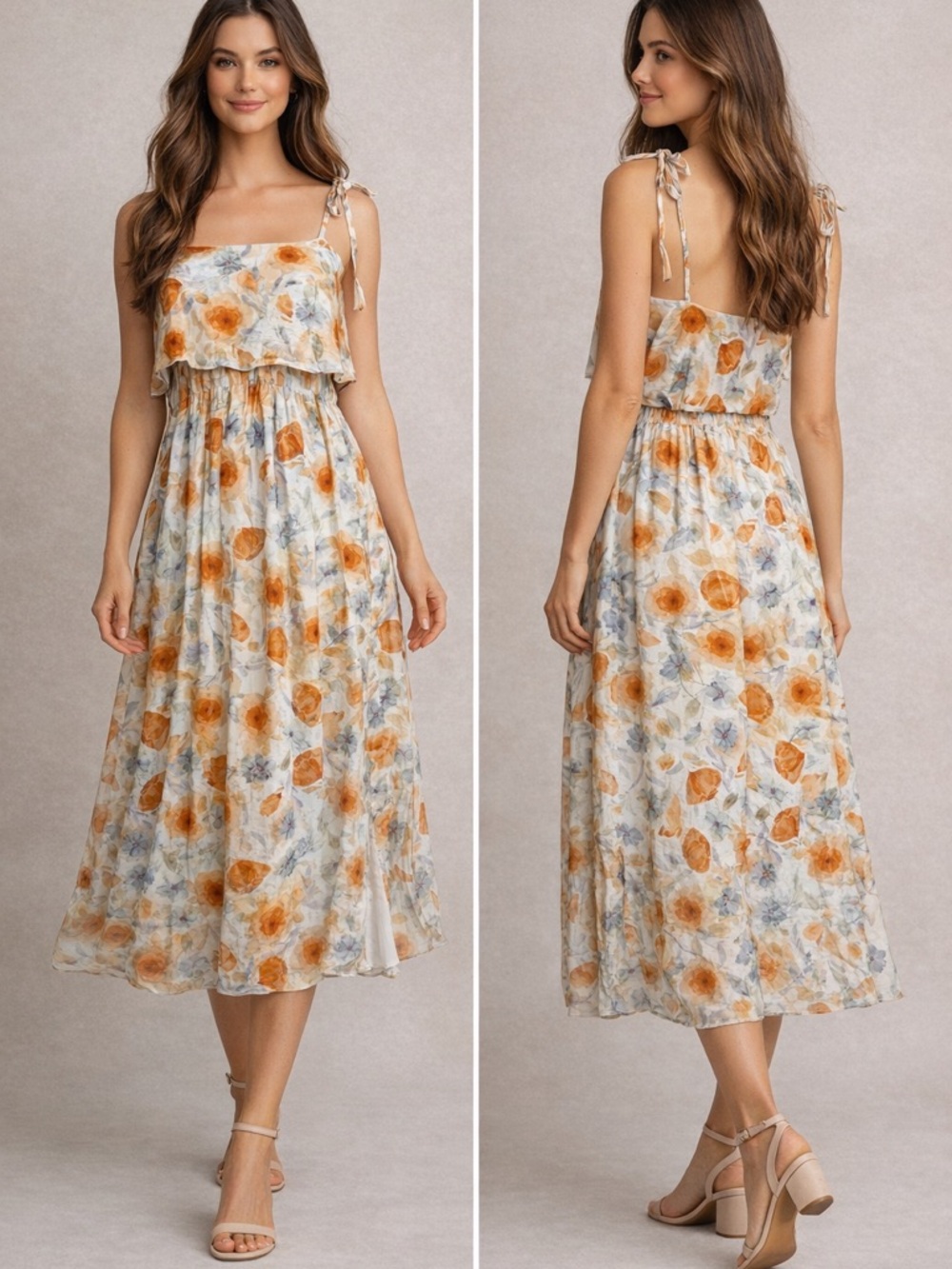 Storia Stunning Water Paint Floral Tie-Strap Midi Dress with Side Slit
